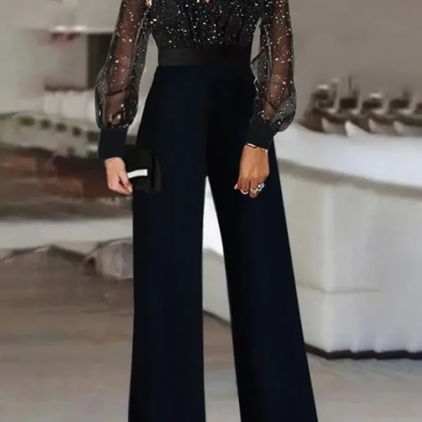 Elegant Women's Jumpsuit Autumn Fashion Contrast Mesh