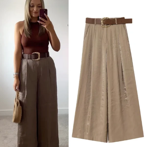 Women's Elegant Chic Belt Casual Loose Long Pants