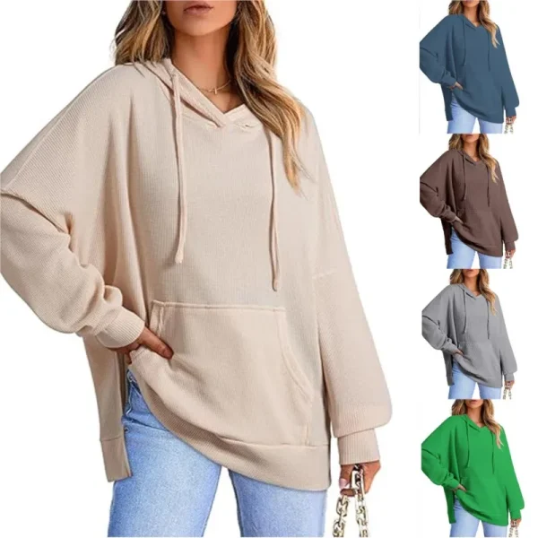 Casual Knit Pocket Long Sleeve Side slit Hoodie